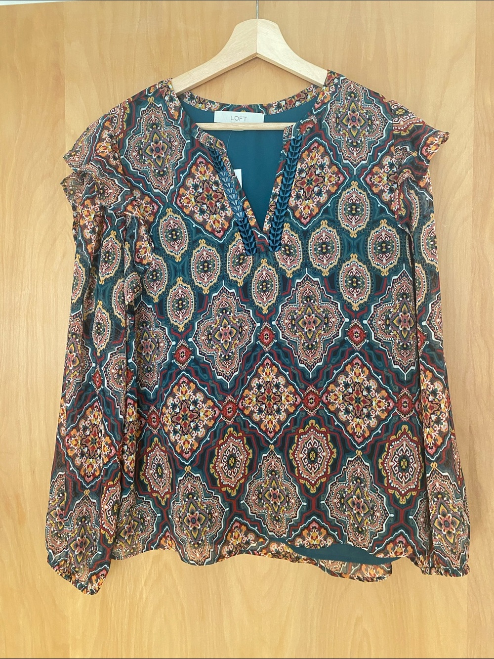 LOFT Teal and Rust Geometric V-Neck Blouse